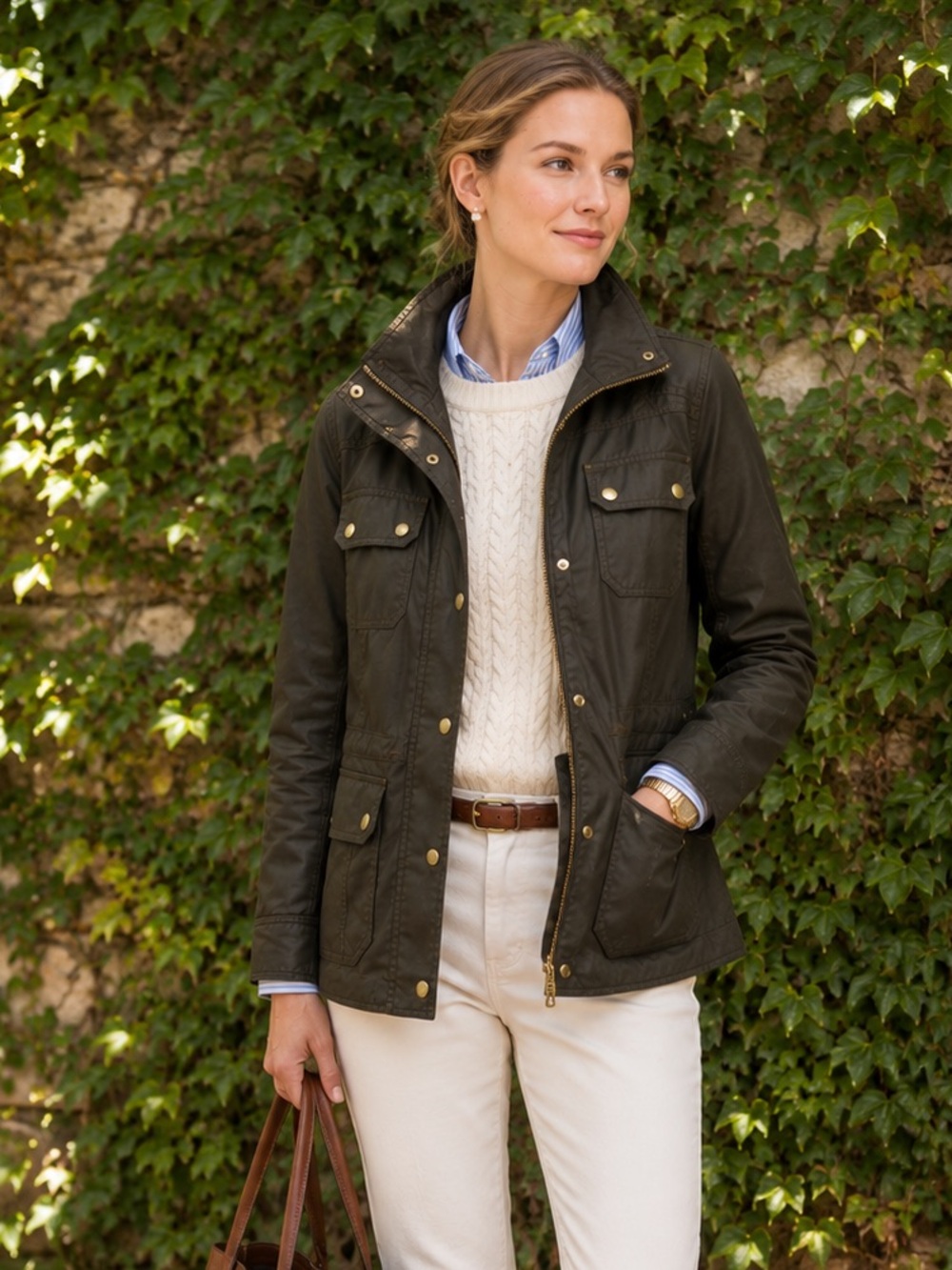 J. CREW Preppy Waxed Cotton Green/Brown Downtown Field Jacket, S